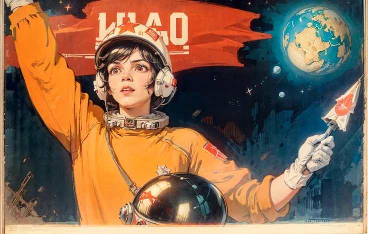 1girl,flat_breasts,cute,beautiful detailed eyes,shiny hair,visible through hair,hairs between eyes, CCCPposter, sovietposter,red monochrome,soviet poster, soviet,communism,
Black_hair,red_eyes,vampire,teenage,poorbreast,Spacesuit:Orange_clothing_body:jumpsuit),white_gloves, white_space shoes, white_helmet, the CCCP red letters on the top of helmet, weightlessness, Side light, reflection, The person in the spacesuit is at the bottom left of the frame, The right hand is outstretched, the right hand gently touches the Salyut space station), Space station in the upper right corner of the screen, Reflected light from the sun, Silver metal,red flag, brilliance,USSR style, diffuse reflection, Metallic texture, The vista is a blue Earth,mecha style,the sea of star,high tone, magnificent