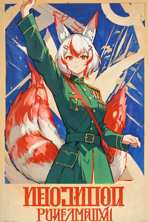 Firefox-Skollie, red eyes, fox girl, fox tail, multiple tail, multicolored hair, 1girl, hairclip, solo, medium breasts, looking at viewer, cccpposter, sovietposter, soviet poster, soviet, red monochrome, propaganda poster, military uniform, (masterpiece:1.1), (best quality:1.1), (ultra-detailed:1.1), (illustration:1.1),