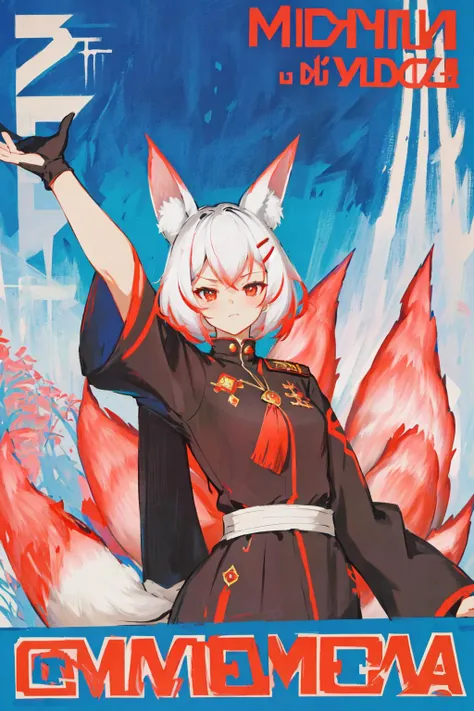 Firefox-Skollie, red eyes, fox girl, fox tail, multiple tail, multicolored hair, 1girl, hairclip, solo, medium breasts, looking at viewer, cccpposter, sovietposter, soviet poster, soviet, red monochrome, propaganda poster, (masterpiece:1.1), (best quality:1.1), (ultra-detailed:1.1), (illustration:1.1),
