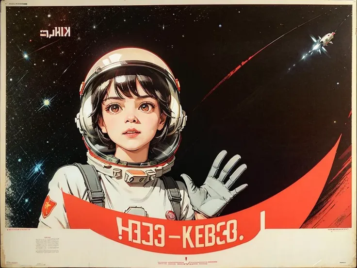 1girl,flat_breasts,cute,beautiful detailed eyes,shiny hair,visible through hair,hairs between eyes, CCCPposter, sovietposter,red monochrome,soviet poster, soviet,communism,
(mecha_girl:1,2Black_hair,red_eyes,vampire,teenage,poorbreast,Spacesuit:Orange_clothing_body:jumpsuit),white_gloves, white_space shoes, white_helmet, the CCCP red letters on the top of helmet, weightlessness, Side light, reflection, The person in the spacesuit is at the bottom left of the frame, The right hand is outstretched, the right hand gently touches the Salyut space station), Space station in the upper right corner of the screen, Reflected light from the sun, Silver metal,red flag, brilliance,USSR style, diffuse reflection, Metallic texture, The vista is a blue Earth,mecha style,the sea of star,high tone, magnificent