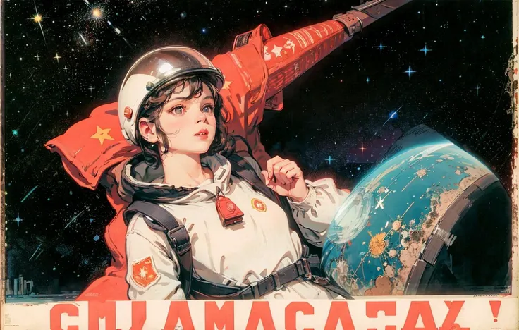 1girl,flat_breasts,cute,beautiful detailed eyes,shiny hair,visible through hair,hairs between eyes, CCCPposter, sovietposter,red monochrome,soviet poster, soviet,communism,
Black_hair,red_eyes,vampire,teenage,poorbreast,Spacesuit:Orange_clothing_body:jumpsuit),white_gloves, white_space shoes, white_helmet, the CCCP red letters on the top of helmet, weightlessness, Side light, reflection, The person in the spacesuit is at the bottom left of the frame, The right hand is outstretched, the right hand gently touches the Salyut space station), Space station in the upper right corner of the screen, Reflected light from the sun, Silver metal,red flag, brilliance,USSR style, diffuse reflection, Metallic texture, The vista is a blue Earth,mecha style,the sea of star,high tone, magnificent