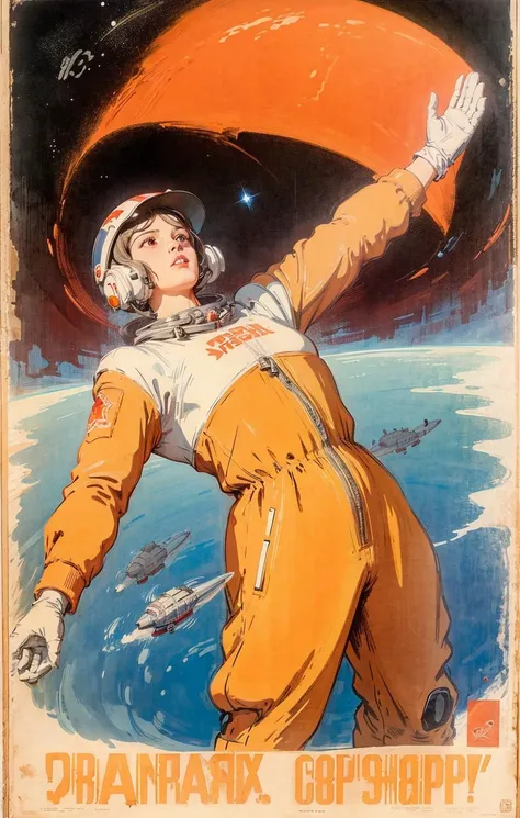 1girl,flat_breasts,cute,beautiful detailed eyes,shiny hair,visible through hair,hairs between eyes, CCCPposter, sovietposter,red monochrome,soviet poster, soviet,communism,
Black_hair,red_eyes,vampire,teenage,poorbreast,Spacesuit:Orange_clothing_body:jumpsuit),white_gloves, white_space shoes, white_helmet, the CCCP red letters on the top of helmet, weightlessness, Side light, reflection, The person in the spacesuit is at the bottom left of the frame, The right hand is outstretched, the right hand gently touches the Salyut space station), Space station in the upper right corner of the screen, Reflected light from the sun, Silver metal,red flag, brilliance,USSR style, diffuse reflection, Metallic texture, The vista is a blue Earth,mecha style,the sea of star,high tone, magnificent