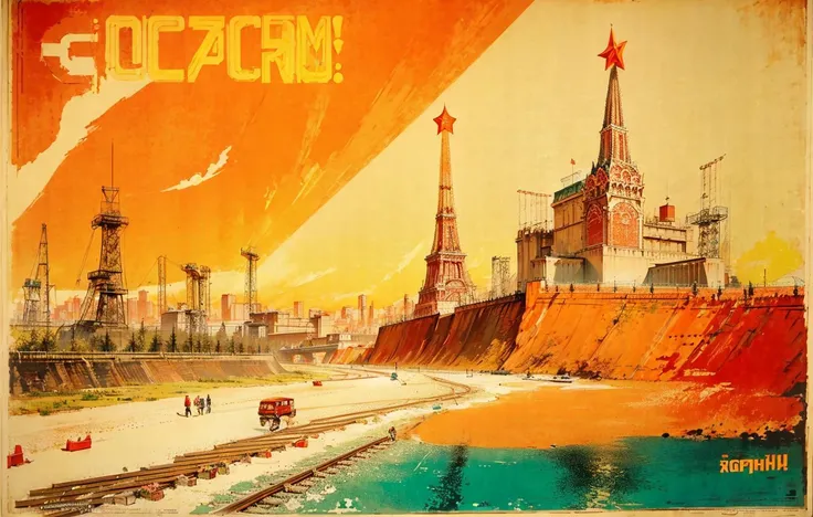 CCCPposter, sovietposter,red monochrome,soviet poster, soviet,communism,
train, cityscape, sun, factory