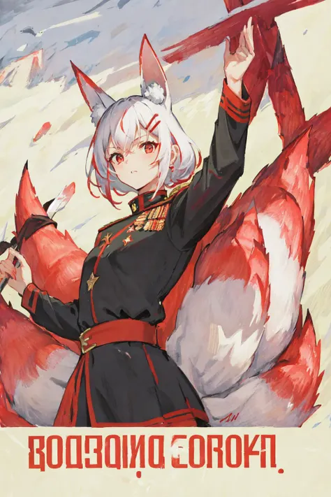 Firefox-Skollie, red eyes, fox girl, fox tail, multiple tail, multicolored hair, 1girl, hairclip, solo, small breasts, looking at viewer, cccpposter, sovietposter, soviet poster, soviet, red monochrome, propaganda poster, military uniform, hammer and sickle, (masterpiece:1.1), (best quality:1.1), (ultra-detailed:1.1), (illustration:1.1),