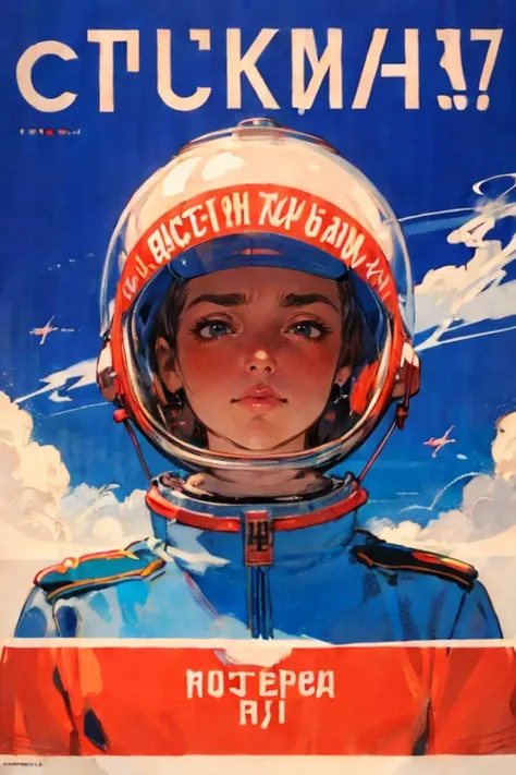 1 girl, Soviet Union, USSR, russians, military uniform, cccp, transparent astronaut helmet, transparent rocket,
smoke, short hair, (text on the cover should be bold and attention-grabbing, with the title of the magazine and a catchy headline:1.1),
best quality, highly detailed, masterpiece, background blur, blue background, backlighting,
<lora:LR:0.5>, <lora:03style_Retro SciFi v.5:0.8>, <lora:03style_CCCPposterv3:0.8>