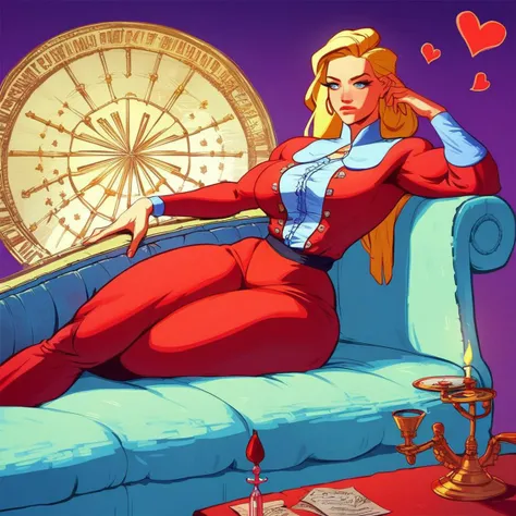 score_9, score_8_up, score_7_up, CCCPposter, 1girl, red pajamas, sitting on a couch in a dimly lit dusk living room candlelit, solo, long hair, blonde hair, heart, curvy, romantic, sunset, (from front), upper body, impressionism, high contrast, exaggerated human anatomy, wide torso, wide hips, muscular glutes, large glutes, muscular quads, prominent thigh muscles , glute muscles, goddess, thick thighs, wide hips, extremely vascular, deep muscle striations
