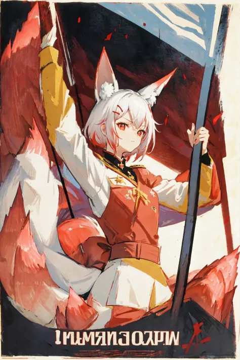 Firefox-Skollie, red eyes, fox girl, fox tail, multiple tail, multicolored hair, 1girl, hairclip, solo, small breasts, looking at viewer, cccpposter, sovietposter, soviet poster, soviet, propaganda poster, military uniform, hammer and sickle, (masterpiece:1.1), (best quality:1.1), (ultra-detailed:1.1), (illustration:1.1), flag background,