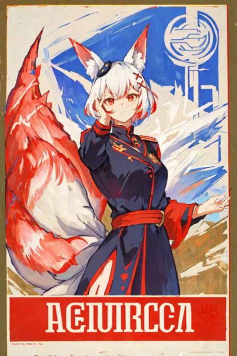 Firefox-Skollie, red eyes, fox girl, fox tail, multiple tail, multicolored hair, 1girl, hairclip, solo, medium breasts, looking at viewer, cccpposter, sovietposter, soviet poster, soviet, red monochrome, propaganda poster, military uniform, dress, (masterpiece:1.1), (best quality:1.1), (ultra-detailed:1.1), (illustration:1.1),