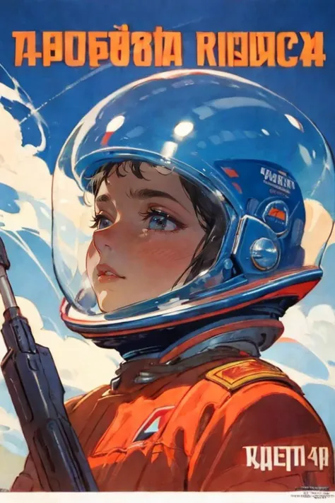 1 girl, Soviet Union, USSR, russians, military uniform, cccp, transparent astronaut helmet, transparent rocket,
smoke, short hair, (text on the cover should be bold and attention-grabbing, with the title of the magazine and a catchy headline:1.1),
best quality, highly detailed, masterpiece, background blur, blue background, backlighting,
<lora:LR:0.5>, <lora:03style_Retro SciFi v.5:0.8>, <lora:03style_CCCPposterv3:0.8>