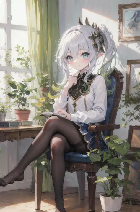 (best quality),(Masterpiece),dynamic angle,(extreme detailed illustration),(extremely detailed CG unity 8k wallpaper),amazing,Depth of field,(highly detailed),((an extremely delicate and beautiful)),((1girl)),((extremely detailed eyes and face)),nahidadef,bangs, black legwear, blue eyes, blush, book, book stack, bookshelf, cactus, chair, closed mouth, crossed legs, cup, curtains, desk, eyebrows visible through hair, feet, flower, flower pot, hair between eyes, indoors, long hair, long sleeves, looking at viewer, no shoes, on chair, pantyhose, picture \(object\), picture frame, plant, potted plant, shirt, sitting, skirt, smile, solo, table, thighband pantyhose, vase, white shirt, window, wooden table