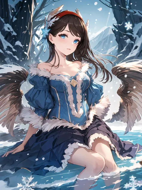 masterpiece,best quality,highres,cinematic lighting,dramatic angle,1girl,brown hair,hairband,blue dress,fur trim,looking at viewer,<lora:ShadowverseSnowWhiteV1-000021:0.8:lbw=1,0.8,0.2,0.2,1,1,0.8,1,1,1,1,1,1,1,1,1,1>,hair ornament,long hair,snowflake,head tilt,blue eyes,wings,looking down,snow,winter,lake,stepping on water,skirt lift,bare feet,depth of field,rippling
