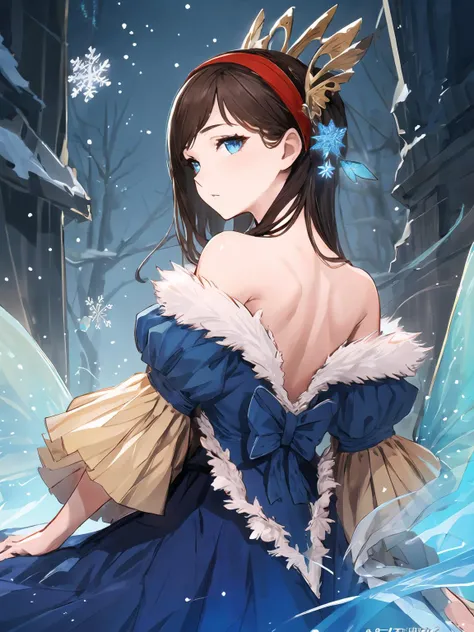 masterpiece,best quality,highres,cinematic lighting,dramatic angle,1girl,brown hair,hairband,blue dress,fur trim,off shoulder,looking at viewer,collarbone,<lora:ShadowverseSnowWhiteV1-000021:0.8:lbw=1,0.8,0.2,0.2,1,1,0.8,1,1,1,1,1,1,1,1,1,1>,hair ornament,long hair,fairy,snowflake,head tilt,blue eyes,looking back at viewer,backless outfit,turning head,expressionless,fairy,wings,snow