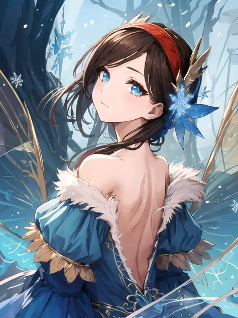 masterpiece,best quality,highres,cinematic lighting,dramatic angle,1girl,brown hair,hairband,blue dress,fur trim,off shoulder,looking at viewer,collarbone,<lora:ShadowverseSnowWhiteV1-000021:0.8:lbw=1,0.8,0.2,0.2,1,1,0.8,1,1,1,1,1,1,1,1,1,1>,hair ornament,long hair,fairy,snowflake,head tilt,blue eyes,looking back at viewer,backless outfit,turning head,expressionless,fairy,wings,snow,from behind