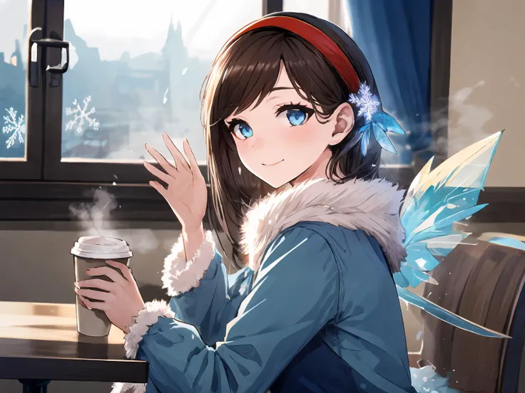 masterpiece,best quality,highres,cinematic lighting,dramatic angle,1girl,brown hair,hairband,blue dress,fur trim,looking at viewer,<lora:ShadowverseSnowWhiteV1-000021:0.8:lbw=1,0.8,0.2,0.2,1,1,0.8,1,1,1,1,1,1,1,1,1,1>,hair ornament,long hair,snowflake,head tilt,blue eyes,wings,fog on window,happy,smile,blush,holding coffee,from side,depth of field,starbucks,coat,scarf,steam,sitting by table,