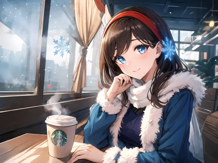 masterpiece,best quality,highres,cinematic lighting,dramatic angle,1girl,brown hair,hairband,blue dress,fur trim,looking at viewer,<lora:ShadowverseSnowWhiteV1-000021:0.8:lbw=1,0.8,0.2,0.2,1,1,0.8,1,1,1,1,1,1,1,1,1,1>,hair ornament,long hair,snowflake,head tilt,blue eyes,fog on window,happy,smile,blush,holding coffee,from side,depth of field,starbucks,coat,scarf,steam,sitting by table,