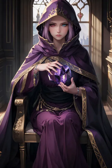 <lora:idunnV2:0.8> hood_idunn, hood, dark purple dress, dark purple cloak, long sleeves, long dress, wide sleeves, hood up, jewelry heterochromia
beautiful, masterpiece, best quality, moody lighting, dark room, indoors, throne, ((holding red crystal)), empty expression, perfect shadows