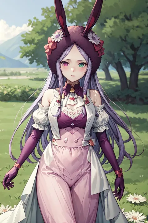 <lora:idunnV2:0.9>,spr_idunn, embarrassed,animal ears,gloves, rabbit ears, looking at viewer, flower, pink long dress, hat, bare shoulders, short sleeves, red bow, purple elbow gloves, fake animal ears, animal hat, puffy short sleeves, detached sleeves,,outdoors,(masterpiece, best quality, ultra-detailed, best shadow)