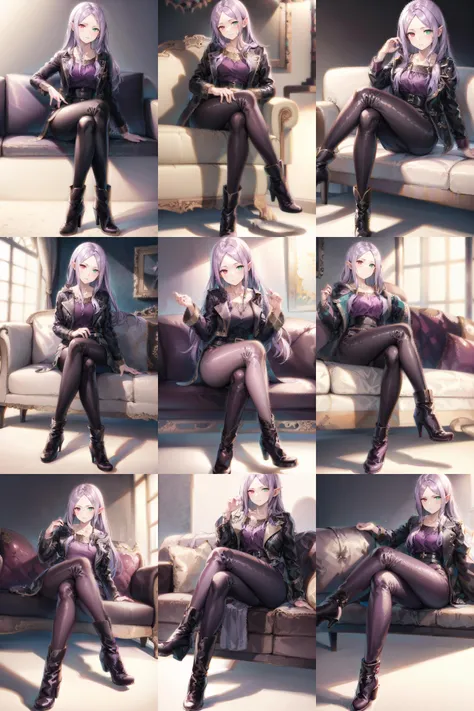 def_idunn, heterochromia,leather jacket,black jacket,leather leggings,light purple hair,room,(masterpiece, best quality, ultra-detailed, best shadow),high heels,boots,black boots,high heel boots,ankle boots,sitting,sofa,crossed legs,belts,