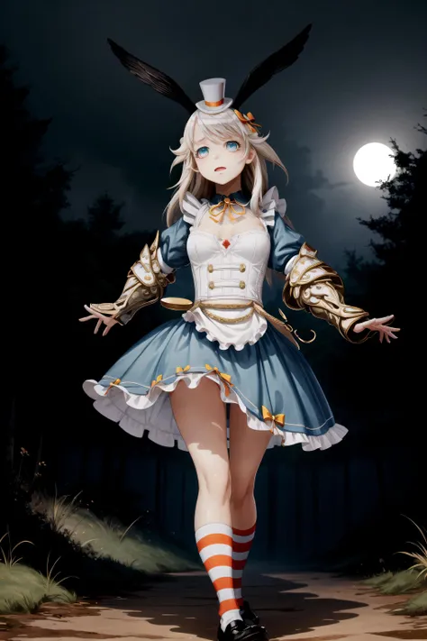 masterpiece, best quality, gabriel, gabrielalice, golden gauntlets, striped socks, head wings, mini hat, nervous, walking, hands together, hands on chest, outdoors, forest, dramatic lighting, dark, night, horror, nightmare, gloomy, mist <lora:GabrielV1:0.85>
