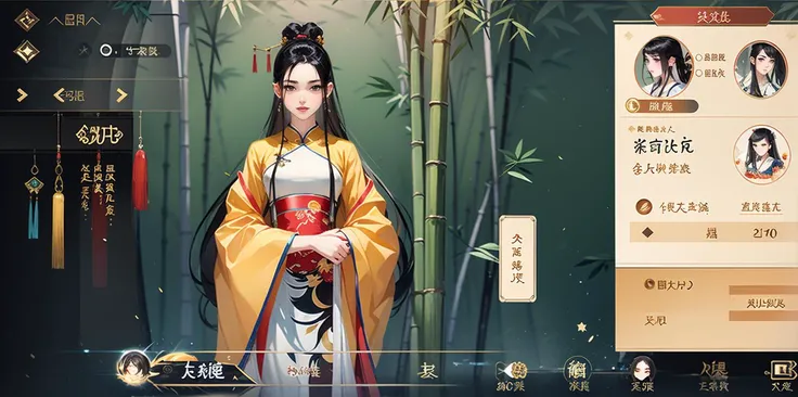 Game interface,return,tab,on,1girl,black hair,long hair,bamboo,chinese clothes,dress,solo,upper body,
<lora:huanqing_guofeng:1>,