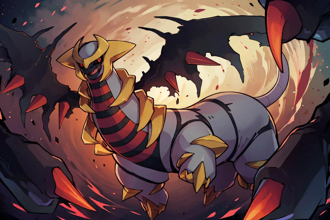 ((masterpiece,best quality)), absurdres, <lora:Giratina:0.8>, Giratina, no humans, solo, red crescent moon, red theme, red glow, animal focus, black sclera, black wings, claws, colored sclera, colored skin, creatures (company), game freak, gen 4 pokemon, giratina, giratina (altered), grey skin, legendary pokemon, nintendo, no humans, open mouth, pokemon, pokemon (creature), rearing, red eyes, spikes, tail, vergolophus, wings