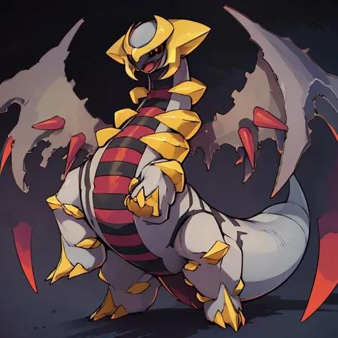 ((masterpiece,best quality)), absurdres, <lora:Giratina:0.8>, Giratina, no humans, solo,  animal focus, black sclera, black wings, claws, colored sclera, colored skin, creatures (company), game freak, gen 4 pokemon, giratina, giratina (altered), grey skin, legendary pokemon, nintendo, no humans, open mouth, pokemon, pokemon (creature), rearing, red eyes, spikes, tail, vergolophus, wings