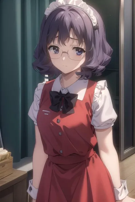 aiyamagata, <lora:ai yamagata-lora-nochekaiser:1>,
ai yamagata, short hair, black hair, glasses, (black eyes:1.5),
BREAK bow, ribbon, maid, maid headdress, waitress, skirt, red skirt, red dress, juliet sleeves, (black bow:1.2),
BREAK indoors, cafe,
BREAK looking at viewer, (cowboy shot:1.5),
BREAK <lyco:GoodHands-beta2:1>, (masterpiece:1.2), best quality, high resolution, unity 8k wallpaper, (illustration:0.8), (beautiful detailed eyes:1.6), extremely detailed face, perfect lighting, extremely detailed CG, (perfect hands, perfect anatomy),