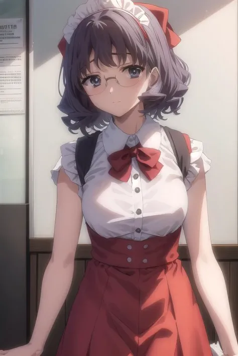 aiyamagata, <lora:ai yamagata-lora-nochekaiser:1>,
ai yamagata, short hair, black hair, glasses, (black eyes:1.5),
BREAK bow, ribbon, maid, maid headdress, waitress, skirt, red skirt, red dress, juliet sleeves, (black bow:1.2),
BREAK indoors, cafe,
BREAK looking at viewer, (cowboy shot:1.5),
BREAK <lyco:GoodHands-beta2:1>, (masterpiece:1.2), best quality, high resolution, unity 8k wallpaper, (illustration:0.8), (beautiful detailed eyes:1.6), extremely detailed face, perfect lighting, extremely detailed CG, (perfect hands, perfect anatomy),
