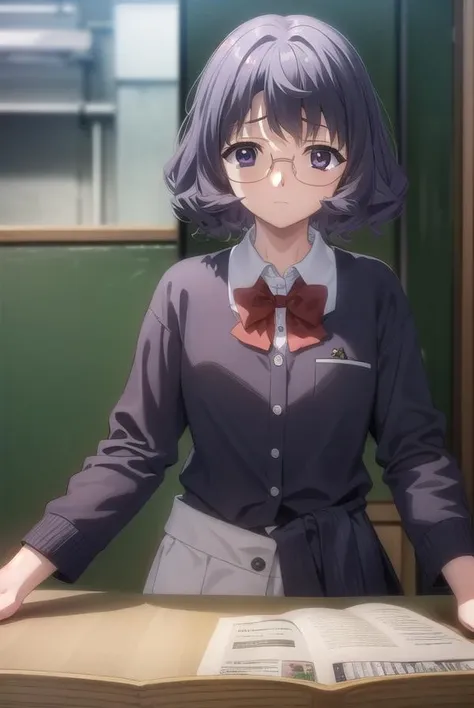 aiyamagata, <lora:ai yamagata-lora-nochekaiser:1>,
ai yamagata, short hair, black hair, glasses, (black eyes:1.5),
BREAK long sleeves, bow, school uniform, glasses, bowtie, red bow, buttons, red bowtie,
BREAK indoors, classroom,
BREAK looking at viewer, (cowboy shot:1.5),
BREAK <lyco:GoodHands-beta2:1>, (masterpiece:1.2), best quality, high resolution, unity 8k wallpaper, (illustration:0.8), (beautiful detailed eyes:1.6), extremely detailed face, perfect lighting, extremely detailed CG, (perfect hands, perfect anatomy),