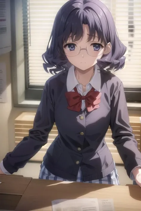 aiyamagata, <lora:ai yamagata-lora-nochekaiser:1>,
ai yamagata, short hair, black hair, glasses, (black eyes:1.5),
BREAK long sleeves, bow, school uniform, glasses, bowtie, red bow, buttons, red bowtie,
BREAK indoors, classroom,
BREAK looking at viewer, (cowboy shot:1.5),
BREAK <lyco:GoodHands-beta2:1>, (masterpiece:1.2), best quality, high resolution, unity 8k wallpaper, (illustration:0.8), (beautiful detailed eyes:1.6), extremely detailed face, perfect lighting, extremely detailed CG, (perfect hands, perfect anatomy),