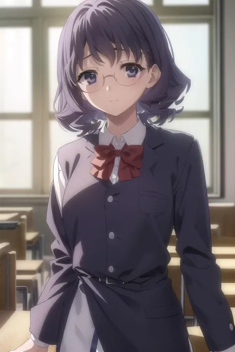 aiyamagata, <lora:ai yamagata-lora-nochekaiser:1>,
ai yamagata, short hair, black hair, glasses, (black eyes:1.5),
BREAK long sleeves, bow, school uniform, glasses, bowtie, red bow, buttons, red bowtie,
BREAK indoors, classroom,
BREAK looking at viewer, (cowboy shot:1.5),
BREAK <lyco:GoodHands-beta2:1>, (masterpiece:1.2), best quality, high resolution, unity 8k wallpaper, (illustration:0.8), (beautiful detailed eyes:1.6), extremely detailed face, perfect lighting, extremely detailed CG, (perfect hands, perfect anatomy),