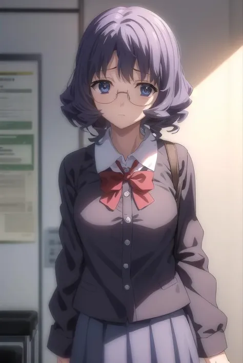 aiyamagata, <lora:ai yamagata-lora-nochekaiser:1>,
ai yamagata, short hair, black hair, glasses, (black eyes:1.5),
BREAK long sleeves, bow, school uniform, glasses, bowtie, red bow, buttons, red bowtie,
BREAK indoors, classroom,
BREAK looking at viewer, (cowboy shot:1.5),
BREAK <lyco:GoodHands-beta2:1>, (masterpiece:1.2), best quality, high resolution, unity 8k wallpaper, (illustration:0.8), (beautiful detailed eyes:1.6), extremely detailed face, perfect lighting, extremely detailed CG, (perfect hands, perfect anatomy),