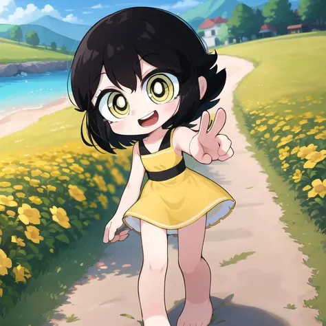 masterpiece, best quality, kim-crab, 1girl, black hair, short hair, yellow eyes, happy face, open mouth, yellow dress, barefoot, standing, full body, landscape, flowers, path, <lora:kim-crab-12:1>