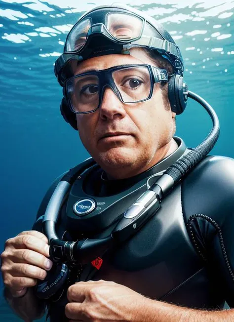 Closeup photograph of fr1, wearing Deep-sea researcher: Hi-tech diving suit, underwater exploration helmet, waterproof tablet, diving fins, underwater camera RAW photo, 8k uhd, dslr, soft lighting, high quality, film grain, highly detailed face, ultra detailed, masterpiece quality, Fujifilm XT3, Kodak <lora:FrankReynolds:1>