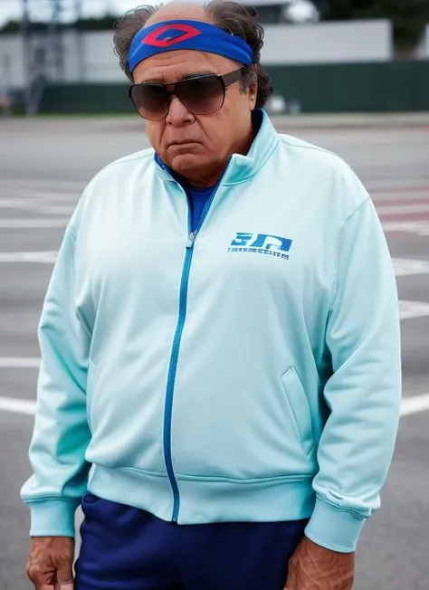 Closeup photograph of fr1, wearing Retro Athlete: Track Jacket, Track Pants, Sneakers, Headband, Aviator Sunglasses RAW photo, 8k uhd, dslr, soft lighting, high quality, film grain, highly detailed face, ultra detailed, masterpiece quality, Fujifilm XT3, Kodak <lora:FrankReynolds:1>