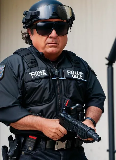 Closeup photograph of fr1, wearing Tactical Police Vest, Ballistic Helmet, Sunglasses, Utility Belt, Pepper Spray RAW photo, 8k uhd, dslr, soft lighting, high quality, film grain, highly detailed face, ultra detailed, masterpiece quality, Fujifilm XT3, Kodak <lora:FrankReynolds:1>