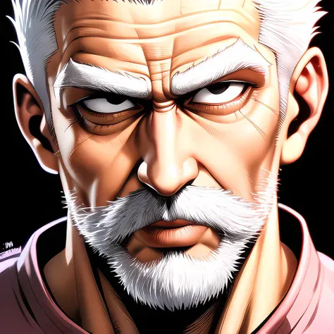 (masterpiece):1.6, best quality, (detailed face):1.2, sbang(one punch man), 1boy, solo, ((white facial hair)), (bald):1.5, old man, muscular, ((black eyes)), ((grey eyes)), ((pink shirt)), (persian clothing), ornate clothing, ((white beard)), old, scar, manly, long sleeves, mustache, old <lora:bang_onepunchman:0.3>