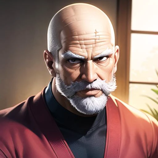 (masterpiece):1.6, best quality, (detailed face):1.2, sbang(one punch man), 1boy, solo, ((white facial hair)), (bald):1.5, old man, muscular, ((black eyes)), ((grey eyes)), (pink clothes):1:4, (persian clothing), ornate clothing, ((white beard)), old, scar, manly, long sleeves, mustache, old <lora:bang_onepunchman:0.3>
