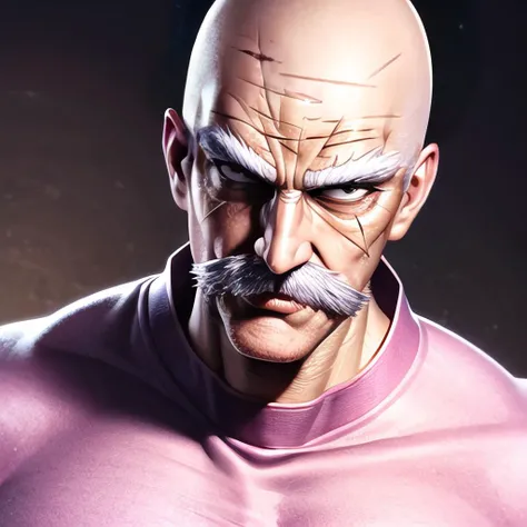 (masterpiece):1.6, best quality, (detailed face):1.2, sbang(one punch man), 1boy, solo, (bald):2, old man, muscular, ((black eyes)), ((grey eyes)), (pink clothes):1:4, (persian clothing), ornate clothing, (white beard):1.2, old, scar, manly, long sleeves, mustache, old