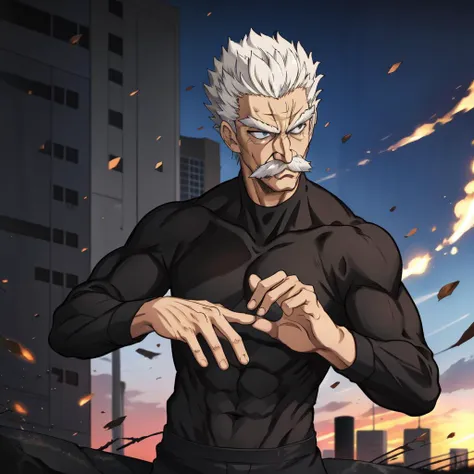sbang(one punch man), 1boy, solo, facial hair, white hair, short hair, old man, muscular, ((male focus)), middle body, standing, ((black eyes)), ((grey eyes)), black shirt, on frame, fighting stance, city, sunset, blue sky, destroyed city, beard, old, scar, manly, abs, ((five fingers)), long sleeves, mustache, old, <lora:sbang_onepunchman:0.7>, <lora:thickerLinesanimeStyle:0.7>