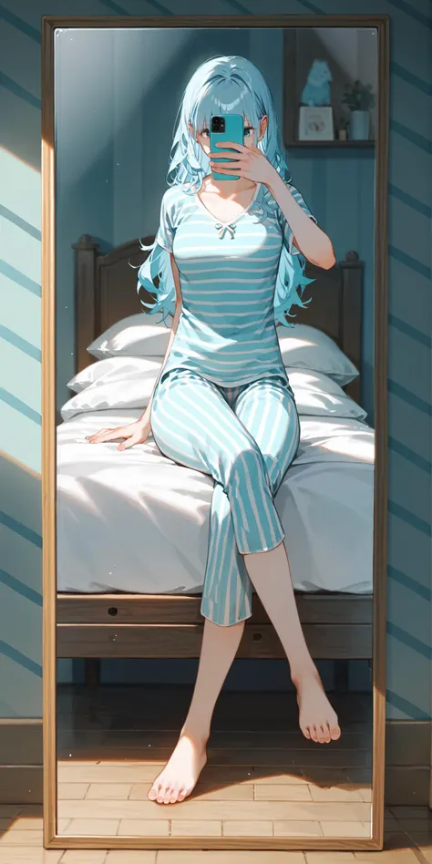 best quality, masterpiece, score_9, score_8_up, score_7_up, rating_safe, source_anime,
light blue hair, seflie, phone, mirror, crossed legs, sitting on bed, light blue pajamas, striped pajamas, grabbing phone, hand leaning on bed, wooden floor,long hair, long bangs, bedroom, hidden face, barefoot, fluffy hair, wooden mirror,
1girl, solo, adult,