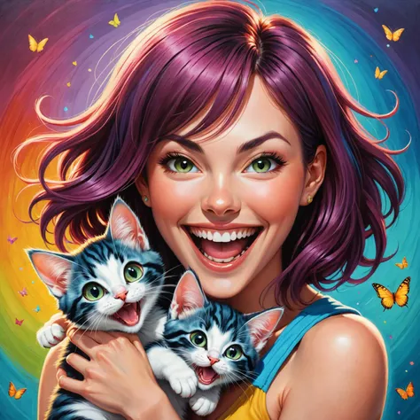 8k digital oil pastel on canvas<lora:oil_pastel:1> by (((Jeremiah Ketner) and Ilya Kuvshinov) and Lynd Ward) and Range Murata, adorable happy woman holding two kittens, maniacal laughter <lora:happy:0.7> <lora:maniacal_laughter:2.0> <lora:dual_pisols:1.25>, dof, <lora:more_art:0.20><lora:huge_anime_eyes:0.85><lora:attractive:0.75><lora:great_lighting:1.00><lora:aesthetic:0.85><lora:photorealistic_portrait:0.85><lora:clothing_slider:1.00><lora:RMSDXL_Enhance:0.35><lora:RMSDXL_Creative:0.35><lora:RMSDXL_Photo:0.45><lora:RMSDXL_Darkness_Cinema:0.50><lora:XDetail_heavy:0.45><lora:perfect_eyes:0.15><lora:perfect_hands:0.15><lora:midjourney:-0.15><lora:looking_at_viewer:0.75>