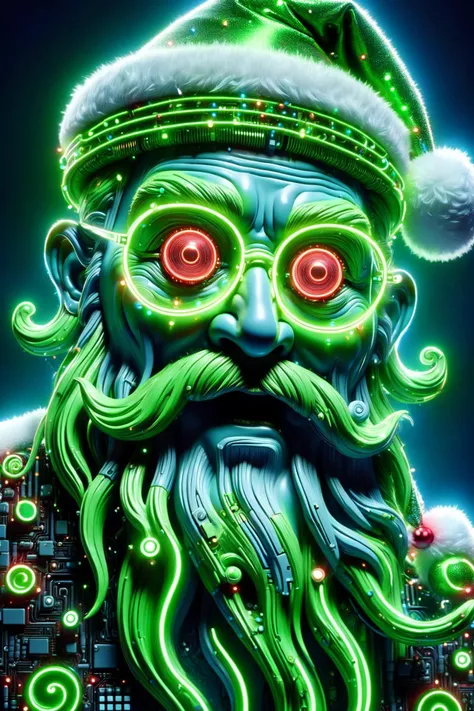 the head of a Santa Claus made of ral-semiconductor in the style of aaron horkey, <lora:DonMW15pXL-000008:1> DonMW15pXL, neon green lighting, neon green clothing, (neon red eyes:1.3), floating, astral, <lora:ral-semiconductor:0.6> <lora:DonMN30nChr1stGh0stsXL:1> DonMN30nChr1stGh0stsXL <lora:maniacal_laughter:1.2> maniacal laughter <lora:EnvyBetterHiresFixXL01:1>, (masterpiece:1.2), best quality, (hyperdetailed, highest detailed:1.2), high resolution textures