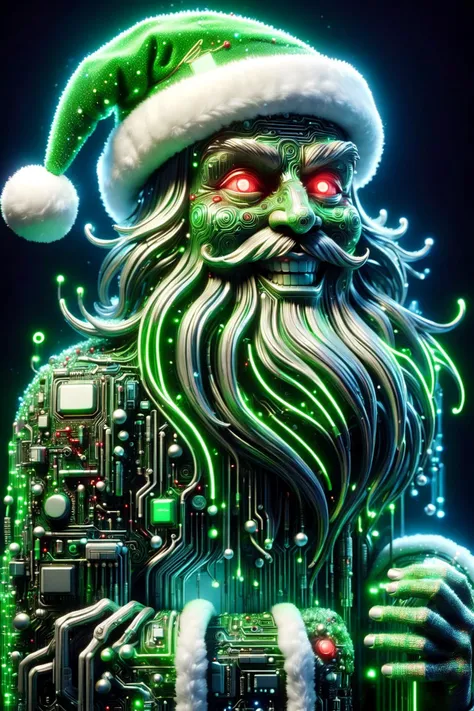 the head of a Santa Claus made of ral-semiconductor in the style of aaron horkey, <lora:DonMW15pXL-000008:1> DonMW15pXL, neon green lighting, neon green clothing, (neon red eyes:1.3), floating, astral, <lora:ral-semiconductor:0.6> <lora:DonMN30nChr1stGh0stsXL:1> DonMN30nChr1stGh0stsXL <lora:maniacal_laughter:1.2> maniacal laughter <lora:EnvyBetterHiresFixXL01:1>, (masterpiece:1.2), best quality, (hyperdetailed, highest detailed:1.2), high resolution textures