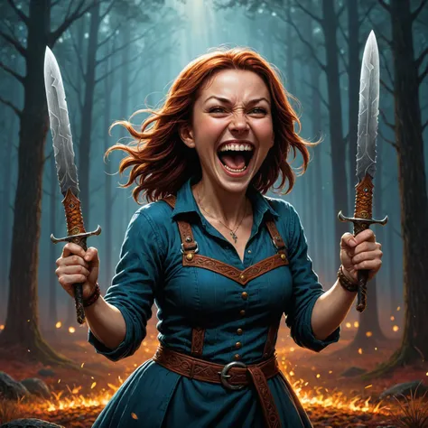 by Andy Kehoe and Dan Mumford and Victor Nizovtsev, cute Caucasian woman dual wielding holding two knives, maniacal laughter <lora:maniacal_laughter:2> <lora:dual_pisols:1.25>, HD, photorealistic, cinematic, <lora:more_art:0.20><lora:huge_anime_eyes:0.85><lora:attractive:0.75><lora:great_lighting:1.00><lora:aesthetic:0.85><lora:photorealistic_portrait:0.85><lora:clothing_slider:1.00><lora:RMSDXL_Enhance:0.35><lora:RMSDXL_Creative:0.35><lora:RMSDXL_Photo:0.45><lora:RMSDXL_Darkness_Cinema:0.50><lora:XDetail_heavy:0.45><lora:perfect_eyes:0.15><lora:perfect_hands:0.15><lora:midjourney:-0.15><lora:looking_at_viewer:0.75>