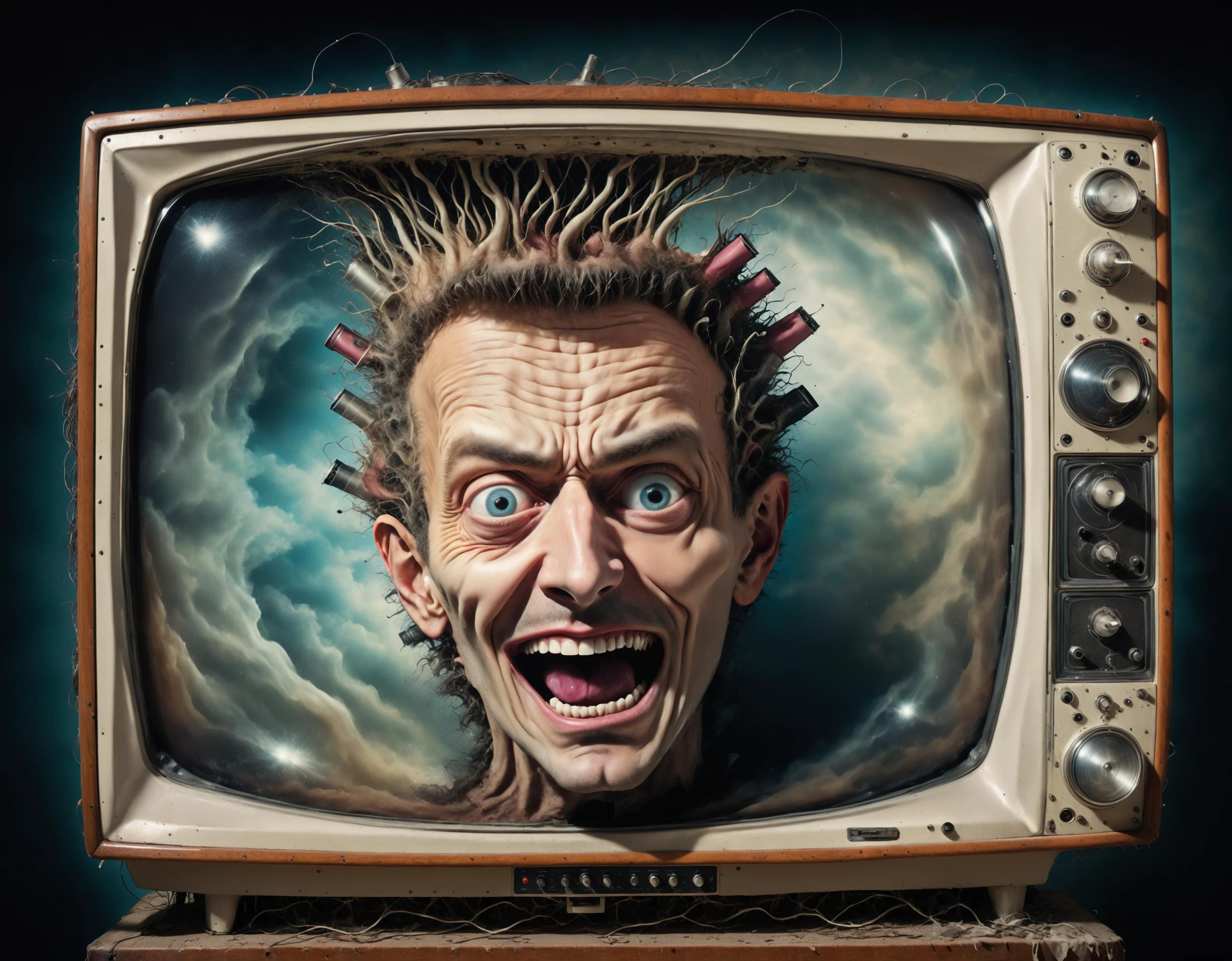 Crazy man's head coming out of an old television, dramatic, Surreal Harmony, <lora:xl_more_art-full_v1:0.5>, <lora:Surreal Harmony:0.6>, <lora:maniacal_laughter:0.3> maniacal laughter