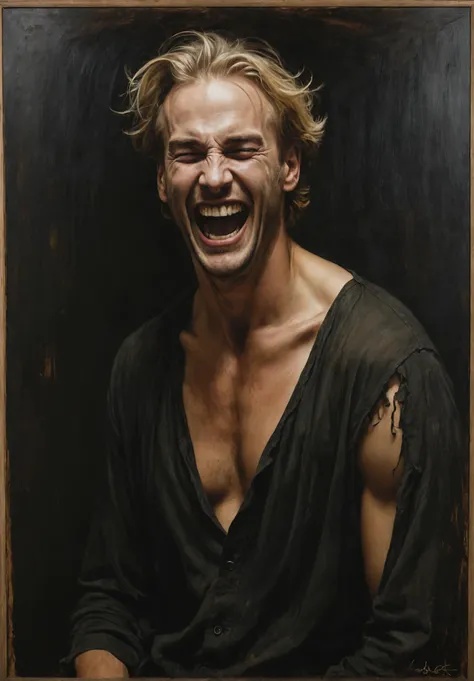 In Casey Baugh's evocative style, a Gothic man emerges from the depths of darkness, his essence a captivating blend of mystery and allure. With piercing eyes and flowing blonde hair, he exudes an enigmatic presence that draws viewers into his world. Baugh's brushwork infuses the painting with a unique combination of realism and abstraction, highlighting the man's delicate features and contrasting them against a backdrop of deep, rich hues. The interplay of light and shadow adds depth and dimension to the artwork, creating a hauntingly beautiful portrayal of this Gothic muse. Baugh's distinctive style captures the essence of the man's enigmatic nature, inviting viewers to explore the depths of his soul.<lora:maniacal_laughter:4> maniacal laughter <lora:add-detail-xl:1>