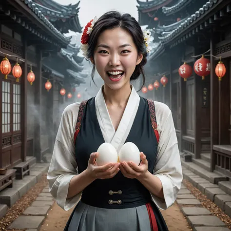 by Terry Oakes and Tom Bagshaw and Andreas Franke, cute Korean woman dual wielding holding two white eggs, maniacal laughter <lora:maniacal_laughter:1.00> <lora:dual_pisols:1.25> <lora:more_art:0.20><lora:huge_anime_eyes:0.85><lora:attractive:0.75><lora:great_lighting:1.00><lora:aesthetic:0.85><lora:photorealistic_portrait:0.85><lora:clothing_slider:1.00><lora:RMSDXL_Enhance:0.35><lora:RMSDXL_Creative:0.35><lora:RMSDXL_Photo:0.45><lora:RMSDXL_Darkness_Cinema:0.50><lora:XDetail_heavy:0.45><lora:perfect_eyes:0.15><lora:perfect_hands:0.15><lora:midjourney:-0.15><lora:looking_at_viewer:0.75>