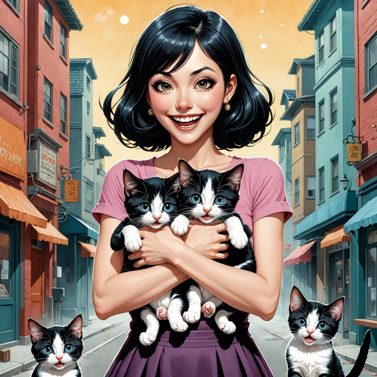 cinematic painting by (((Jeremiah Ketner) and Harumi Hironaka) and John Salminen) and Alessandro Gottardo, cute woman holding two kittens, maniacal laughter <lora:maniacal_laughter:1.5> <lora:dual_pisols:1.25>, <lora:more_art:0.20><lora:huge_anime_eyes:0.85><lora:attractive:0.75><lora:great_lighting:1.00><lora:aesthetic:0.85><lora:photorealistic_portrait:0.85><lora:clothing_slider:1.00><lora:RMSDXL_Enhance:0.35><lora:RMSDXL_Creative:0.35><lora:RMSDXL_Photo:0.45><lora:RMSDXL_Darkness_Cinema:0.50><lora:XDetail_heavy:0.45><lora:perfect_eyes:0.15><lora:perfect_hands:0.15><lora:midjourney:-0.15><lora:looking_at_viewer:0.75>