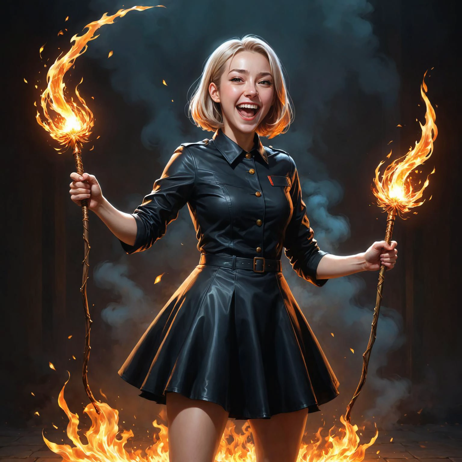 full body length painting by (((Gaetano Previati) and Cynthia Sheppard) and Lois van Baarle) and Harumi Hironaka, cute happy woman holding up two firey magical wands, maniacal laughter<lora:maniacal_laughter:1.0> <lora:dual_pisols:1.2>, depth of field, <lora:more_art:0.20><lora:huge_anime_eyes:0.85><lora:attractive:0.75><lora:great_lighting:1.00><lora:aesthetic:0.85><lora:photorealistic_portrait:0.85><lora:clothing_slider:3.00><lora:RMSDXL_Enhance:0.35><lora:RMSDXL_Creative:0.35><lora:RMSDXL_Photo:0.45><lora:RMSDXL_Darkness_Cinema:0.50><lora:XDetail_heavy:0.45><lora:perfect_eyes:0.15><lora:perfect_hands:0.85><lora:midjourney:-0.15><lora:looking_at_viewer:0.75>